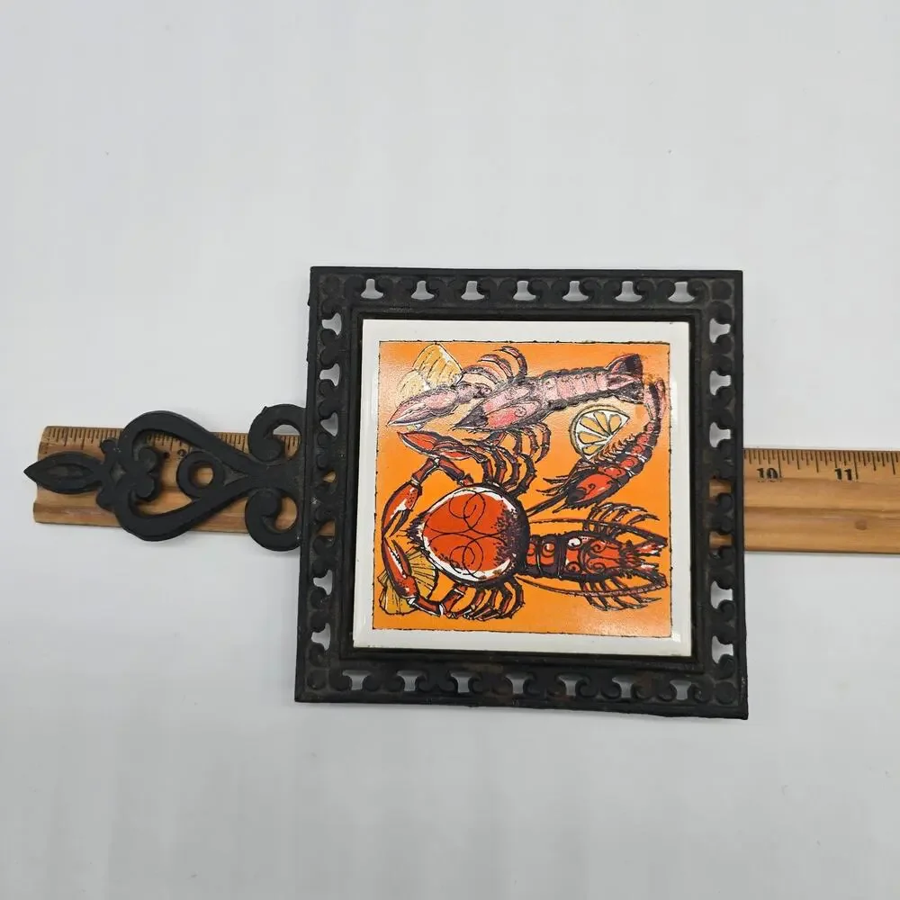 Vintage Holt Howard Cast Iron Ceramic Lobster Trivet Japan Fujimiyaki Set of Two